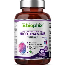 biophix B-3 Nicotinamide 1000 mg 60 Tablets Extra Strength Timed Release - Nicotinic Amide Niacin Natural Flush-Free Vitamin Formula - Supports Skin Cell Health