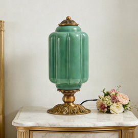 eccuslon Vintage Green Milk Glass Table Lamp with Antique Metal Base, Mid Century Modern Desk Lamp Dimmable Switch, Elegant Bedside Lighting for Bedroom, Living Room, Office and Home Décor (Green)