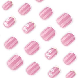 Square Press on Nails Short Fake Nails White French Tip False Nails Pink Glossy Glue on Nails with Flower Design Acrylic Nails Press ons Full Cover Stick on Nails for Women 24Pcs