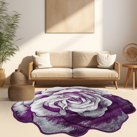 Rose Rug 5ft Round Area Rugs Cute Plush Flower Shaped Rug Circle Girly for Bedroom Floor Living Room Carpet 304 Purple