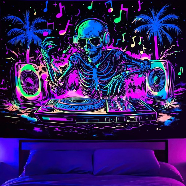 Onivein Blacklight Skull Tapestry UV Reactive Skeleton Tapestry Funny Music