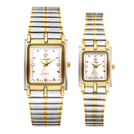 Aroncent Square Couple Pair Watch: Ultra Thin Waterproof His and Hers Quartz Analog Watch with Diamond Markers Adjustable Band - Casual and Business Wrist Watch - Silver