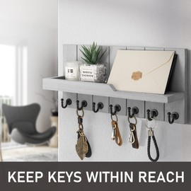 Rebee Vision Decorative Key and Mail Holder for Wall - Farmhouse 15 Inches Floating Shelf with 7 Sturdy Key Hooks for Home Entryway Wall Decor - Rustic Key Racks (Gray)
