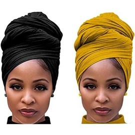 2 Packs Large  Wraps for Women Black  Scarf Headband Turbans for Women Hairband (Black, Turmeric) - Color: Multi Color