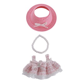 3PCS Pink Doll Outfit Set – Pink Dress, Straw Hat & Flower Necklace – 17cm Doll Clothes and Accessories – Clothes Set for Plush Figures – Only Accessories