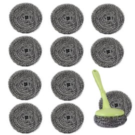 Vasemele Pack of 10 Wire Sponges with 1 Handle, Wire Washer, Steel Sponge, Steel Wool Dishwasher, Cleaning Sponge, Scourer, Cleaning Sponge (Handle in a Random Colour)