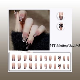 HSYTEK Press on Nails French Tip Fake Nails, Medium Length Rhinestone Pink Nails for Sticking, Full Coverage, Soft Gel Tips, Artificial Nails, Pack of 24