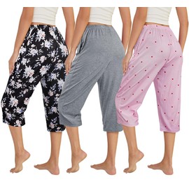 VENTELAN 3 Pack Womens Ultra-Soft Capri Pajama Pants Adjustable waistband Sleepwear(Available In Plus Size) 2XL