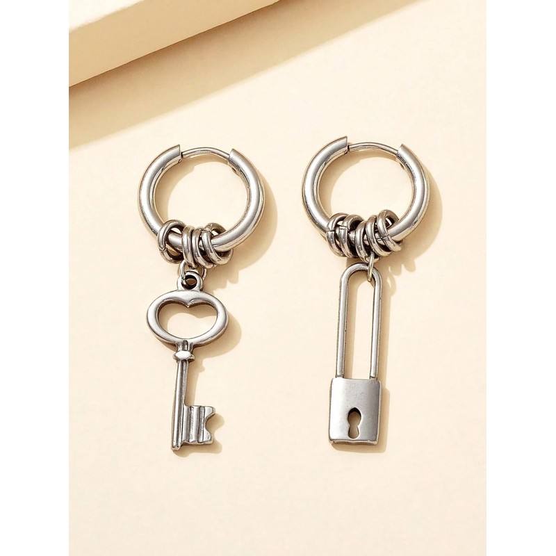 Lock and Key Hoop Earrings – Asymmetrical Punk Dangle Earrings,