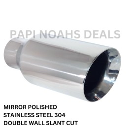 PAPI NOAHS DEALS 5in BIG SILVER EXHAUST TIP 2.5in INLET 12in L ANGLE DOUBLE WALL for DODGE or RAM
