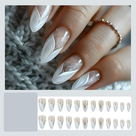24 Pcs Nude Press on Nails Short Almond - MINGCHUN Autumn Glitter Fake Nails Press ons White French Nails Tips Glue on Nail with Mermaid Tail Design Full Cover False Nails Glue on Nails Nail Art Kit