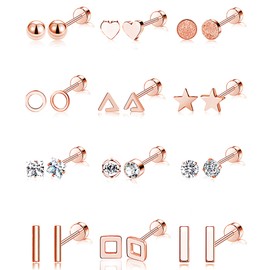 Ofeiyaa 12 Pairs Stainless Steel Earrings Stud Geometric Earrings Set Star Moon Ball Triangle Heart Clear CZ Stud for Women Rose Gold Tone