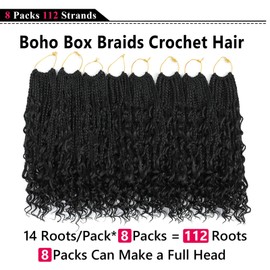 Goddess Box Braids Crochet Hair 8 Inch Crochet Boho Box Braids Pre Looped 8 Packs Boho Hair For Black Women With Curly Ends (8 Inch, 1B)