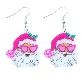 Cute Hot Pink Santa Earrings with Christmas Tree Acrylic Drop Dangle for Women Girls Vintage Holiday Xmas Party Jewelry