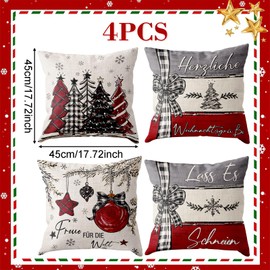Set of 4 Christmas Cushion Covers (German), Christmas Cushion Covers Red Grey with Bow, Christmas Tree Christmas Bells, Linen Christmas Cushion 45 x 45 cm for Christmas Decoration Indoor Decoration