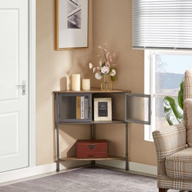 Corner Cabinet/Table, 3-Tier Shelves with Protection Door, Metal Frame Storage Shelf Organizer for Small Space, Living Room, Kitchen, Bathroom