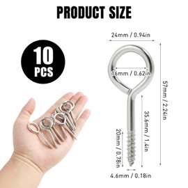 10-Pack Stainless Steel Eye Hooks Screws, 2.5 Inches Heavy Duty Eye Bolts, Rust and Corrosion Resistant, Ideal for Indoor and Outdoor Use, Supports Up to 200 Lbs