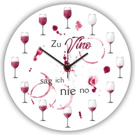 GRAVURZEILE Wall Clock Made of Wood "Zu Vino sag ich nie no" - Wine Gift Decoration Idea - 100% Silent No Ticking Absolutely Silent - 30 cm Diameter - Design Wall Clocks for Living Room, Bedroom and