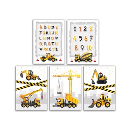 Junaversum Poster Set for Children's Room, Construction Site with Numbers and Letters ABC for Boys, Decoration for Boys Room, Wall Pictures, Learning Poster, A4, without Frame (Set of 5)
