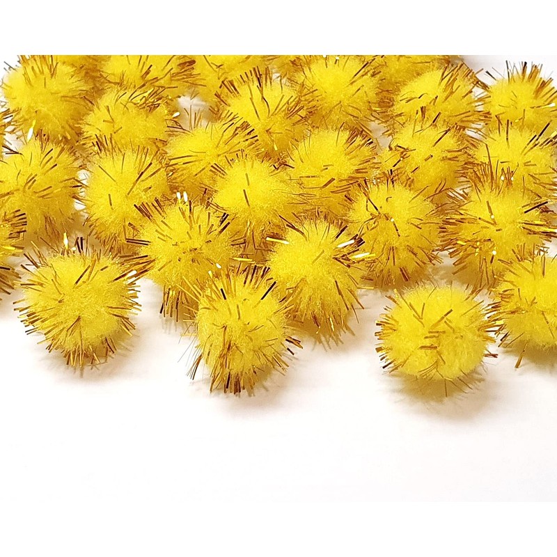 Pack of 100 Plush Pompoms with Gold Glitter, Round Pompom,