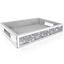 Wocred Mirror Perfume Tray fits Dresser Bedroom,Crushed Diamond Bathroom Tray with Handles，Vanity Tray,Decorative Serving Tray for Coffee Table Decor(14”x 10”x 3”)
