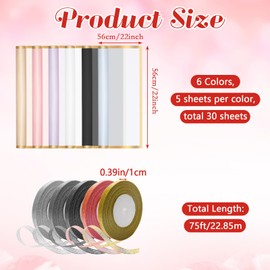 30 Sheets Flower Bouquet Wrapping Paper, COITEK Waterproof Gold Edge Flower Gift Wrapping Supplies Paper 6 Colors with 5 Rolls Ribbons for DIY Crafts, Gift Packaging