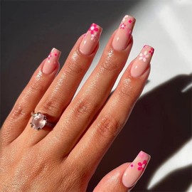 Long Coffin Press on Nails with Designs, KXAMELIE Square Pink Flowers Acrylic False Nails with Nail Glue, Gel Nude Nails for Sticking on for Women and Girls, Party, Daily Use, Pack of 24