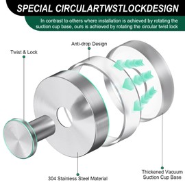 LECHI Suction Cup Hooks, Stainless Steel Waterproof Suction Cup Hooks,No Drill Towel Hooks for Bathroom Wall,Kitchen,Glass,Mirror,Tile to Hang Towels,Robes,Loofah-Silver (Sliver*2)