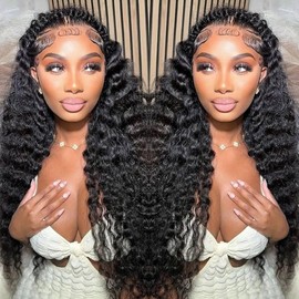 Nakkia 34 Inch Deep Wave Lace Front Wigs Human Hair 13x6 HD Transparent Lace Front Wigs Human Hair 180% Density Deep Curly Frontal Wigs Human Hair Pre Plucked Wet and Wavy Glueless Wig for Women