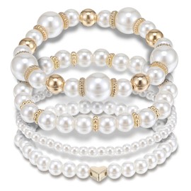 4Pcs Gold Pearl Bracelets For Women Stackable Stretch Bead Bracelets Multilayered Elastic White and Gold Pearl Bracelet For Women Bridesmaid Bridal Wedding Jewelry (Gold)