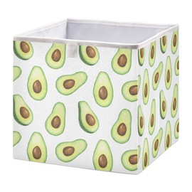 Poeticcity Seamless Green Avocados with Brown Seeds On White Square Storage Basket Bin, Collapsible Storage Box, Foldable Nursery Baskets Organizer for Toy, Clothes Easy to Assemble