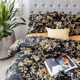 Eastern Floral Chinoiserie Blossom Print Duvet Quilt Cover Navy Blue Tan White Asian Style Botanical Tree Branches Ornamental Drawing 400TC Egyptian Cotton Bedding Set (Black, Super King)