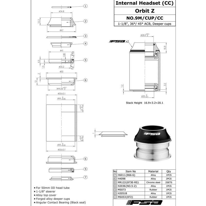 FSA ORBIT Z 1-1/8Inches 44mm Threadless 1-1/8Inches Headset withTop Cap