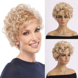 AUBWIG Mixed Brown Short Wigs with Fringe Pixie Cut Wigs for Women Short Stylish Fluffy Wig Natural Slightly Curly Heat Resistant Wigs (Mixed Brown)