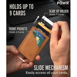 POWR Card Holder Wallet. Light Brown Vegan Leather RFID Card Holder for Men. Minimalist Wallet Credit Card Holders for Men. Pop Up Metal Slim Wallet Credit Card Holder
