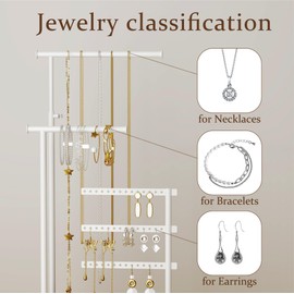 susswiff Jewelry Holder Organizer Stand - Adjustable Tall 17.5" (Max), Sturdy Jewelry Hanger for Necklaces, Earrings, Bracelets, Rings, Jewlery Display and Storage, White, Metal