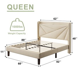Feonase Queen Size Bed Frame with Charging Station, Linen Upholstered Platform Bed Frame with Wingback Storage Headboard, Solid Wood Slats Support, No Box Spring Needed, Noise Free, Beige