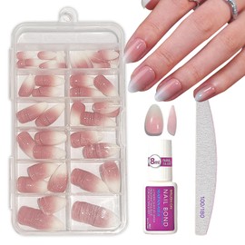 Fake Nails Set - 120pcs Stick on Nails - Almond French Manicure False Nails with Glue - 12 Sizes Gradient Pink Press on Nails Short - Nude Soft Gel Acrylic nails for Women Girls