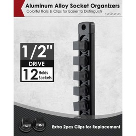 PINOZE 1/2" Magnetic Socket Holder Organizer - Aluminum Alloy Socket Rail Tray for Tool Box Drawer, Socket Rack with Extra 2Pcs Replacement Clips for Automotive Garage(Black)