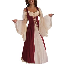 Abaowedding Abaowedding Womens's Medieval Renaissance Costume Cosplay Chemise and Over Dress Large/X-Large Burgundy and Ivory