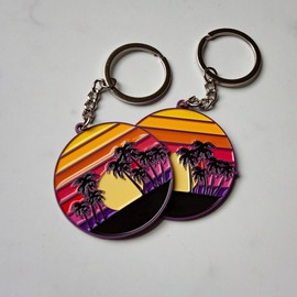 R and R Imports North Myrtle Beach South Carolina Sunset Palm Metal Keychain