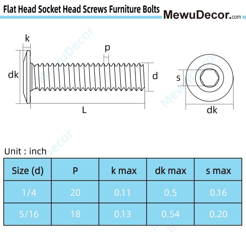 1/4-20 x 3 Flat Head Socket Head Screw Furniture Bolts