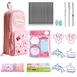 Raheem 35Pcs Cute Pencil Case Beautiful Stationery Set with Cherry Girl Pencil Pouch, 3 Gel Ink Rollerball Pens (0.5mm) with 20 Refills, 2 Erasers, 240 Notes Pages,6 Paper Clips,1 Sticky Note(Pink)