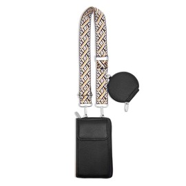 Cell Phone Crossbody Lanyard with Zipper Pouch PU Leather Crossbody Phone Bags Purses with Strap Wallet, Black Vertical