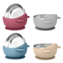 Wesketch 2 Pack Stainless Steel Baby Bowls with Suction, Toddler Bowls with Removable Silicone Shell for Kids, Non-Slip Toddler Baby Feeding Set Dishwasher Safe (4 Pack-blue/Gray/Red/Cream)
