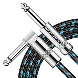 Waptrax Guitar Cable 10ft Electric Instrument Bass AMP Cord for Electric Mandolin, Pro Audio,Right Angle to Straight Black/Blue