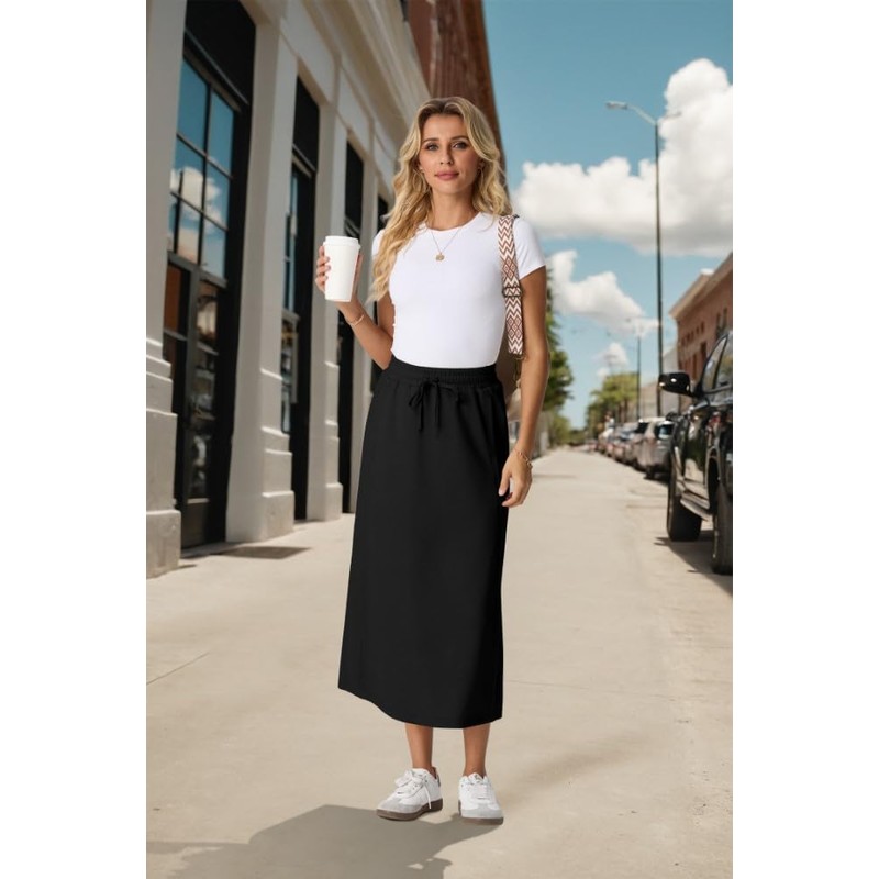 PrinStory Ladies Summer Skirts with Pockets Elasticated Waist Back Split