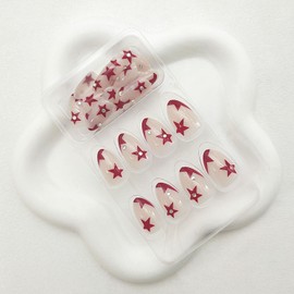 Almond Press on Nails Short Fake Nails Red Five-Point Star Acrylic Nails Pink Full Cover Nails Press ons Oval Glossy False Nails Rhinestones Stick on Nails for Women 24 Pcs