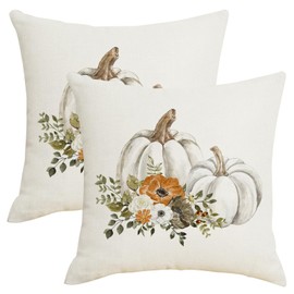 Fall Autumn Decor Throw Pillow Covers 18x18 Set of 2 Watercolor White Pumpkin Floral Leaves Decorative Pillows Cover Farmhouse Harvest Outdoor Thanksgiving Pillowcases for Home Couch Bed Decorations