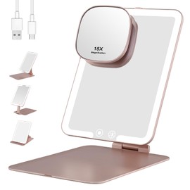 FANCYSEEU Makeup Mirror with Light, 3 Colors Dimmable Foldable Cosmetic Mirror with 15X Mini Magnifying Mirror, Ultra Slim Portable Travel Mirror, Makeup Mirror with Light